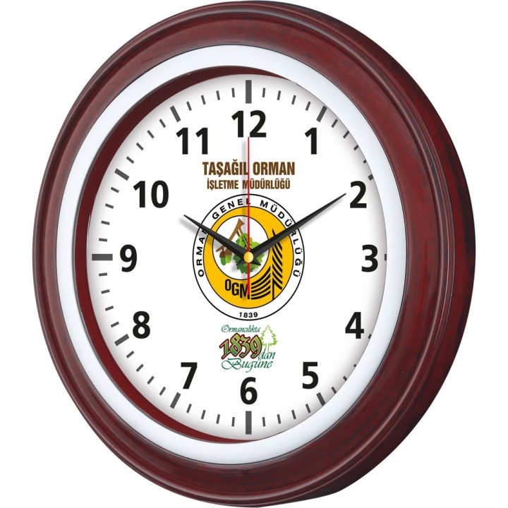 Logo Baskılı 40 cm Bordo Maun Ahşap Desenli Beyaz İç Halkalı Plastik Duvar Saati